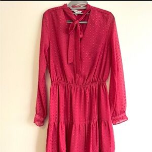 Nanette Lepore Fuchsia Tie-Neck Tiered Long-Sleeve Dress